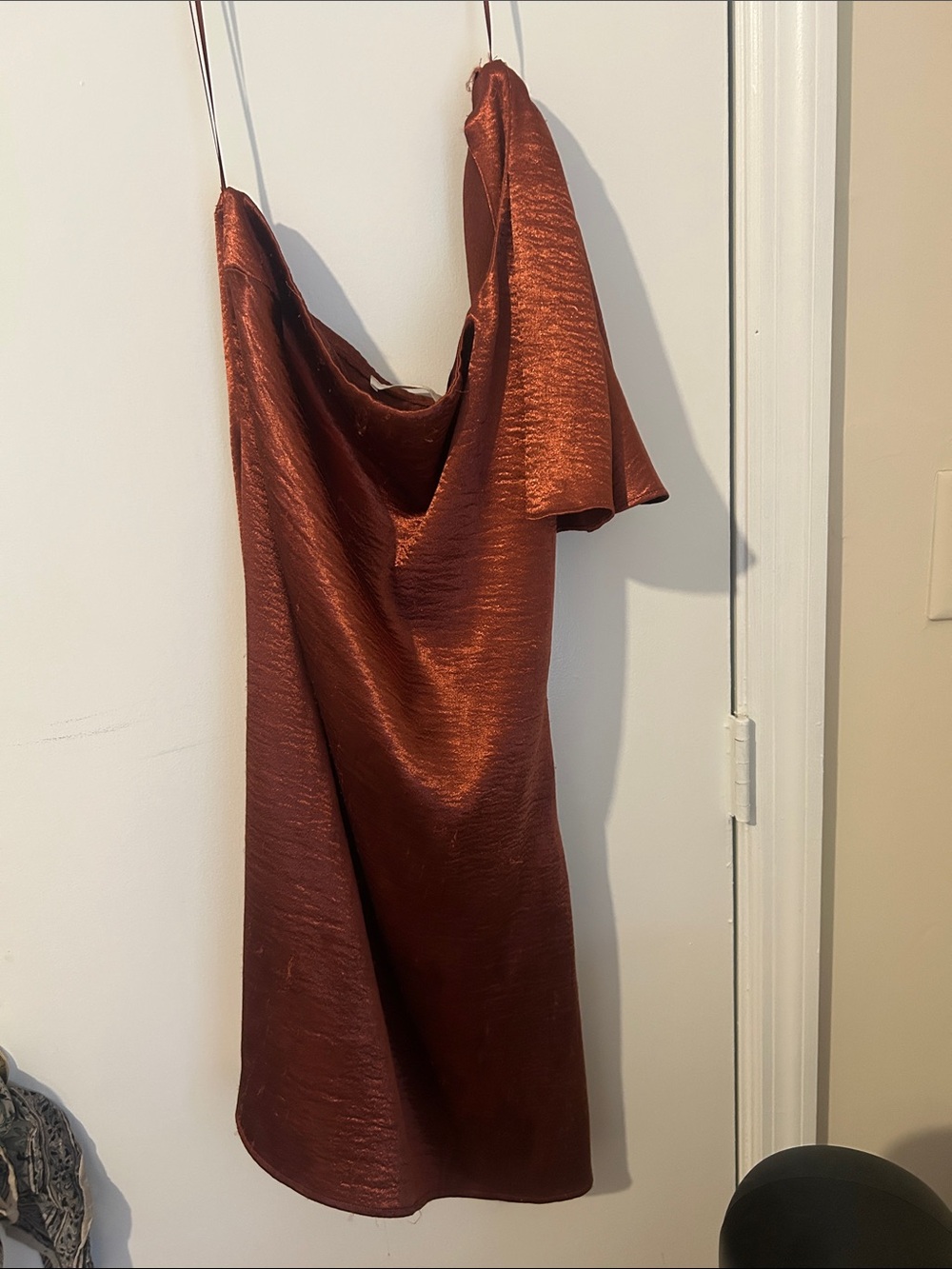 Astr One-Shoulder Satin Slip Dress in Rust